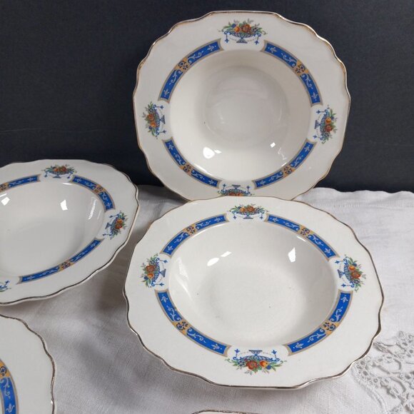 Myott Soup Bowls Fruit in Urn Set of 5 MYO100 Blue Band Scalloped Edge England - Picture 6 of 8